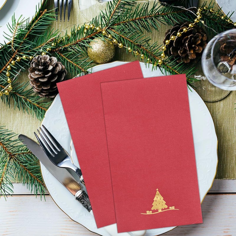 Joyido 200PCS Christmas Napkins Disposable - Heavy Duty Christmas Tree Napkins - Paper Hand Towels - Xmas Red and Gold for Kitchen Bathroom Parties Dinners and Events - Image 2